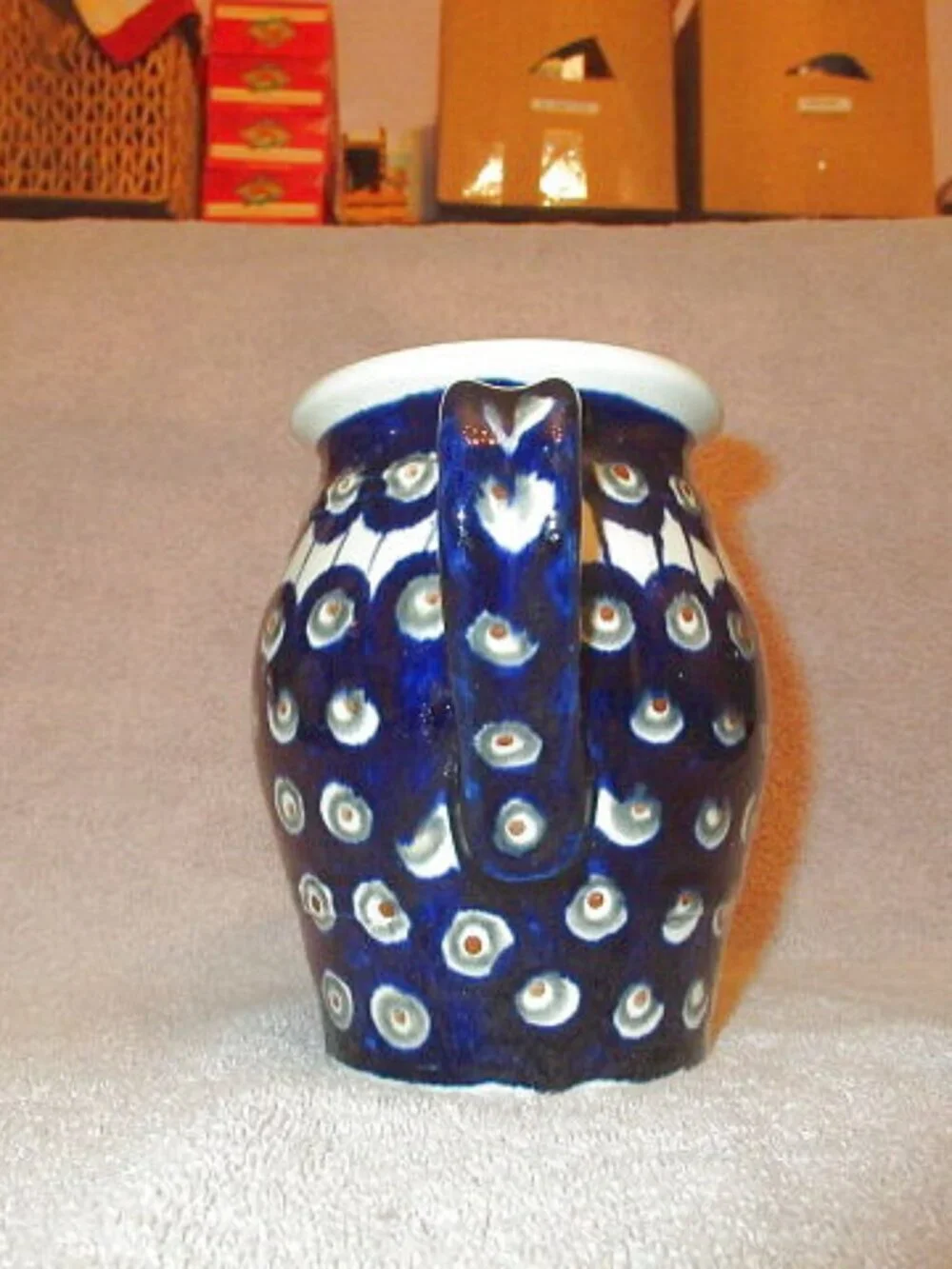Polish Pottery Blue Eyed Peacock Pitcher Creamer Boleslawiec Painted Stoneware